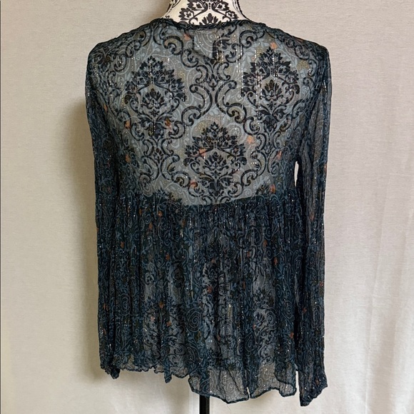NATURAL LIFE Sheer Lace Tie up Blouse - Dark Blue Viscose with Metallic Yarn M/L - Picture 7 of 10